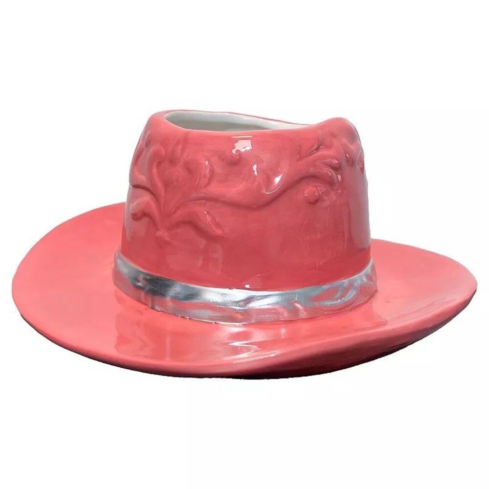 Streamline Pink Cowboy Hat Ceramic Planter Bubblegum Silver Trim Western Decor